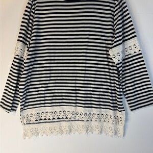 Apple Striped Long Sleeve Top with Lace Trim
